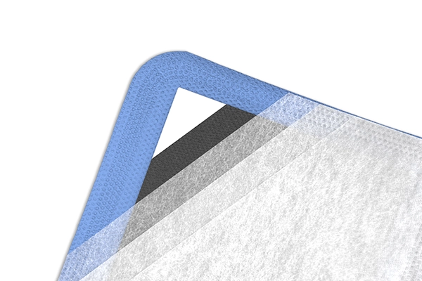 LIQUEEBACT (superabsorbierender Aktivkohle-Verband) - Sprengzeichnung /Aufbau der saugfähigen (SAP - Superabsorber) Aktivkohle-Wundauflage