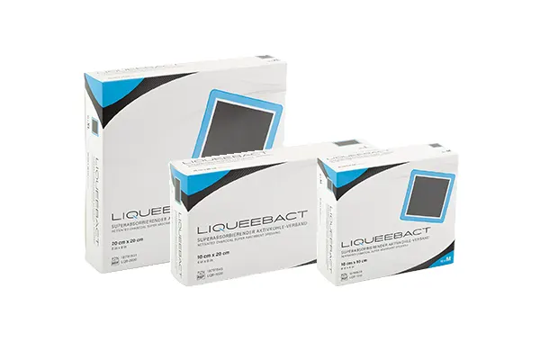 LIQUEEL, weiße Verpackung blau-schwarzen Ecken, eckige, blaue Wundauflage.